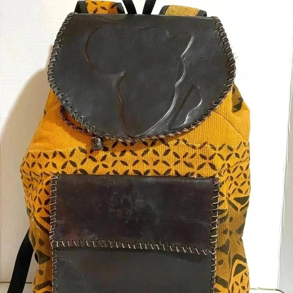 Handmade Unsex Africa mud cloth cotton canvas leather backpack